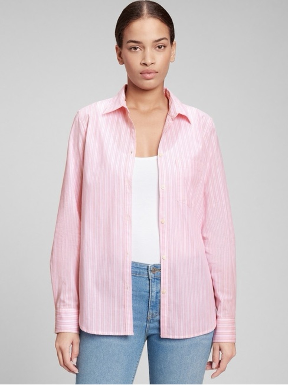 Gap Women's The Classic Shirt Pink White Stripe Button Down Cotton‎ XL New